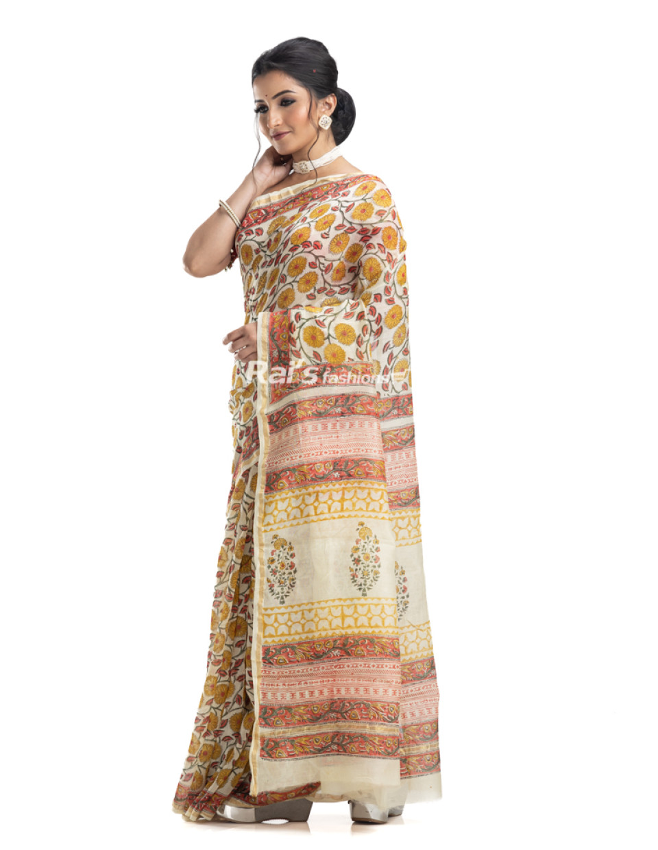 Off White Chanderi Silk Saree With All Over Floral Print And Golden Zari Border (KR2231)